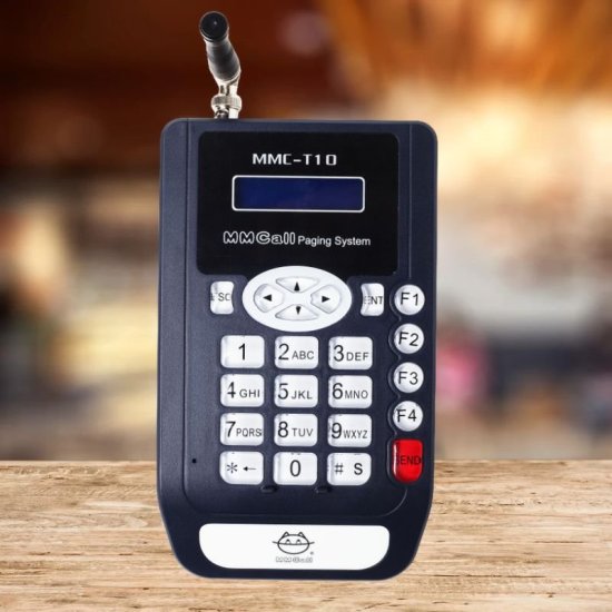 Base d’appel MMCALL MMC-T10 noire vue de face avec écran, clavier numérique et antenne