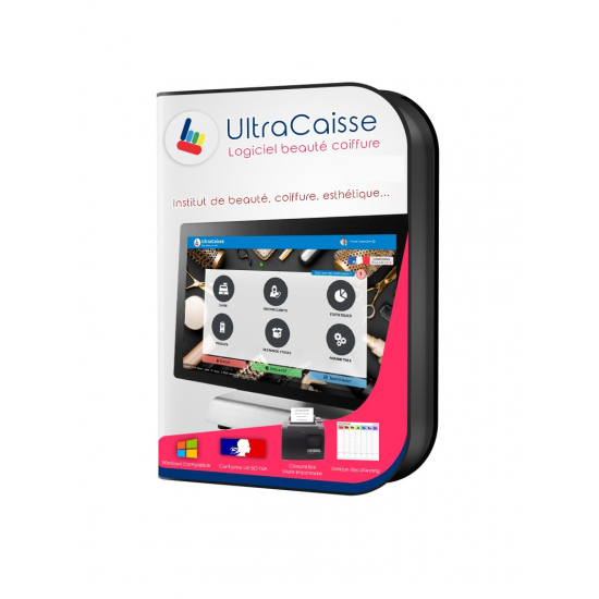Boîtier illustré UltraCaisse Beauté Coiffure sur fond blanc avec aperçu de l’interface tactile