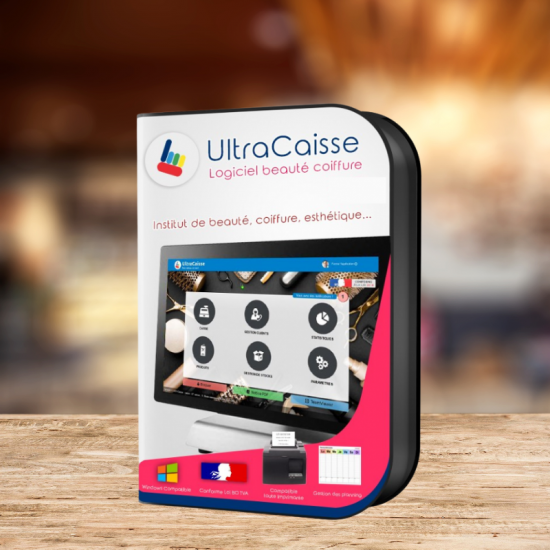 Visuel du logiciel UltraCaisse Beauté Coiffure avec aperçu de l’interface, posé sur une table en bois