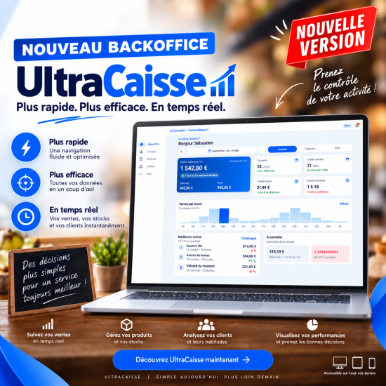 Visuel du nouveau Back Office UltraCaisse avec tableau de bord des ventes affiché sur un ordinateur portable